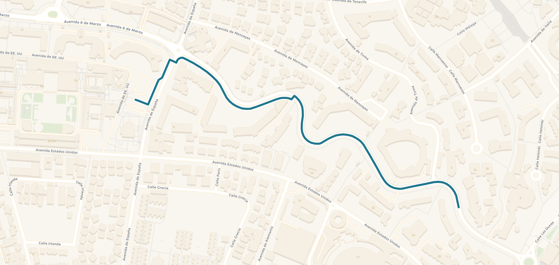 Map of the walk from Yumbo Centrum along Avenida de Espana and Avenida 8 de Marzo to the studio, Playa del Ingles